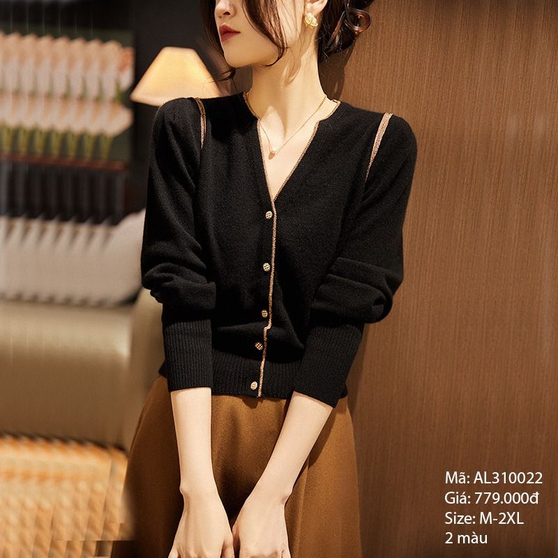 Len cadigan dệt kim cổ V có viền - AL310022