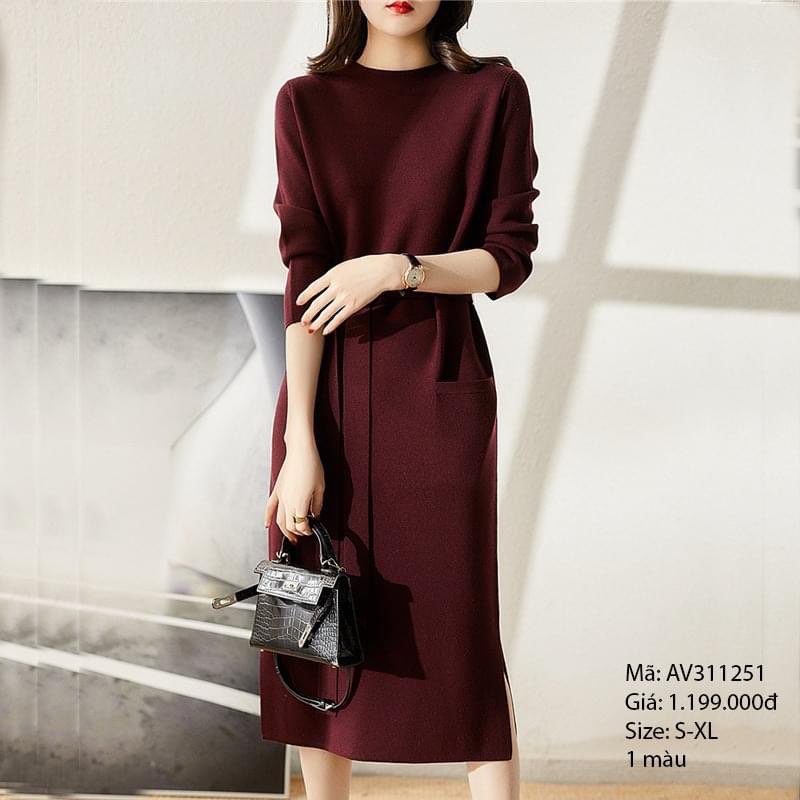 Đầm len dệt kim dài tay eo có có đai -AV311251