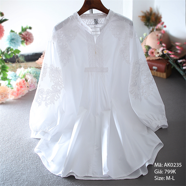 Áo sơ mi cổ tròn form dài thêu hoa - AK0235
