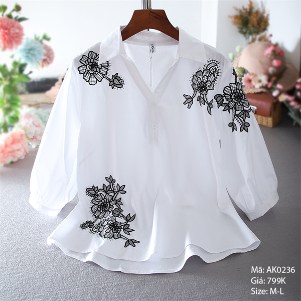 Áo sơ mi cổ đức thêu hoa - AK0236
