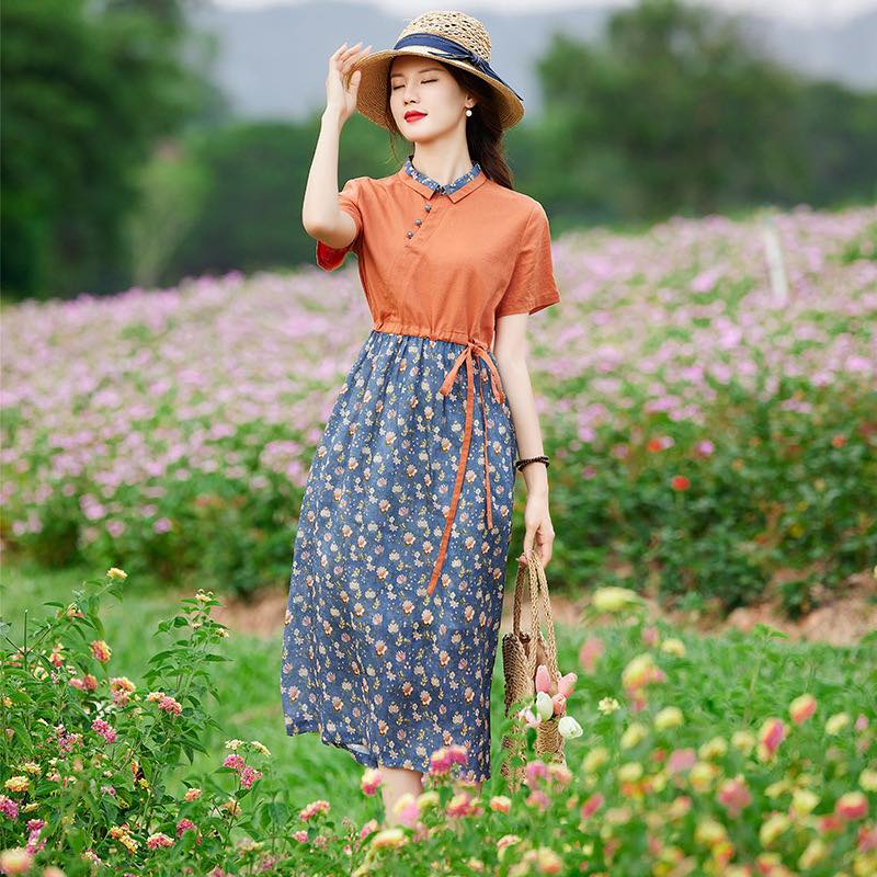 Đầm liền retro in hoa khuy kiểu - V54221
