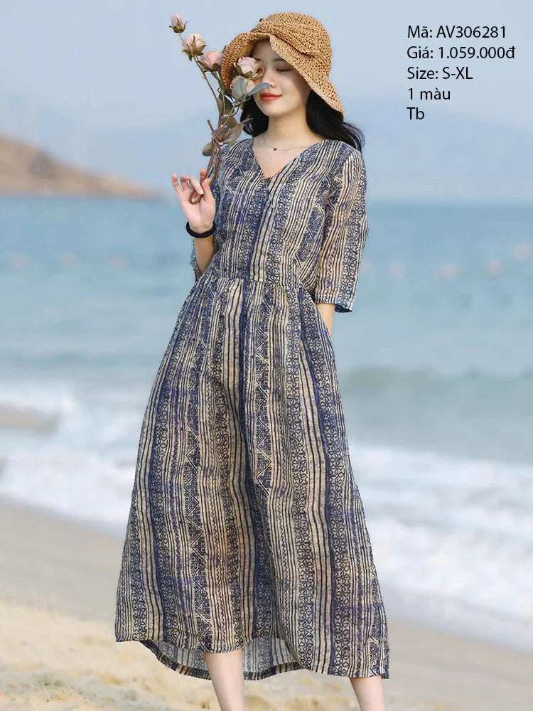 Đầm liền linen cổ V tay lửng - AV306281