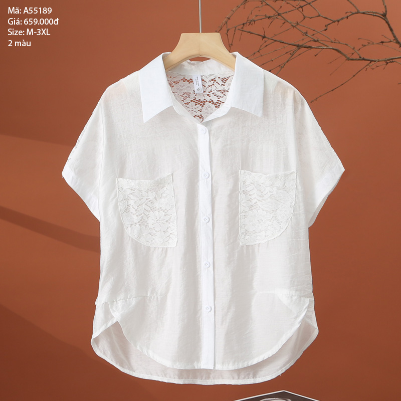 Áo sơ mi cổ đức ngắn tay túi ren - A55189
