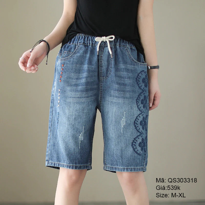 Quần sooc denim họa tiết hoa lá - QS303318