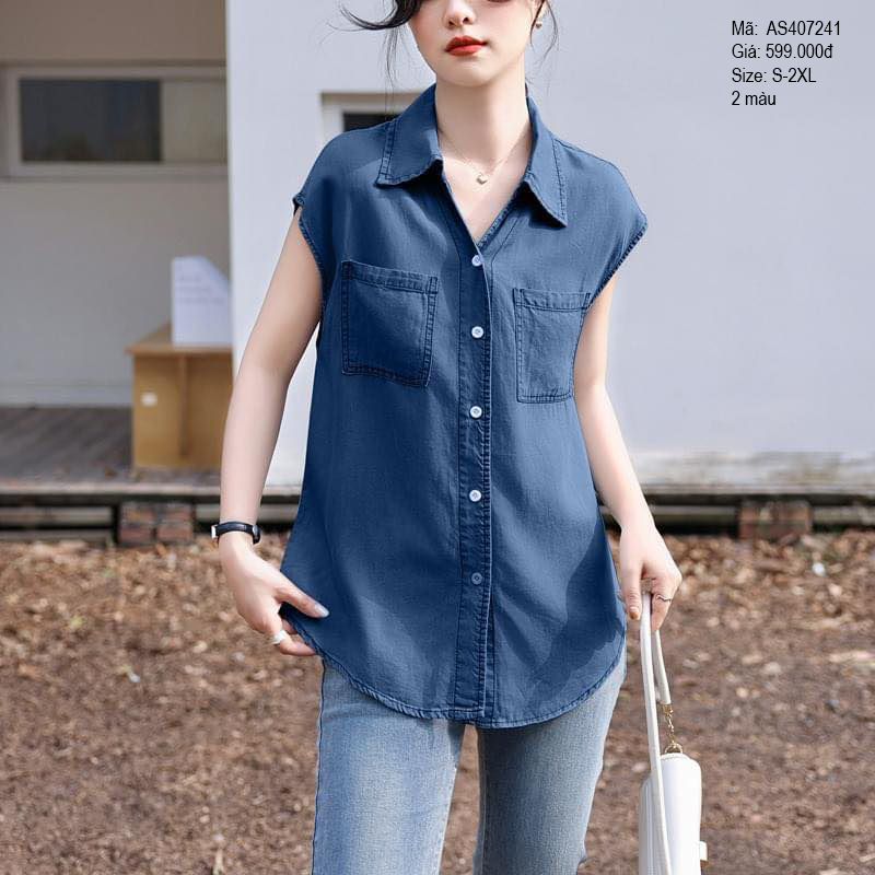 Áo sơ mi denim sát nách cổ đức - AS407241