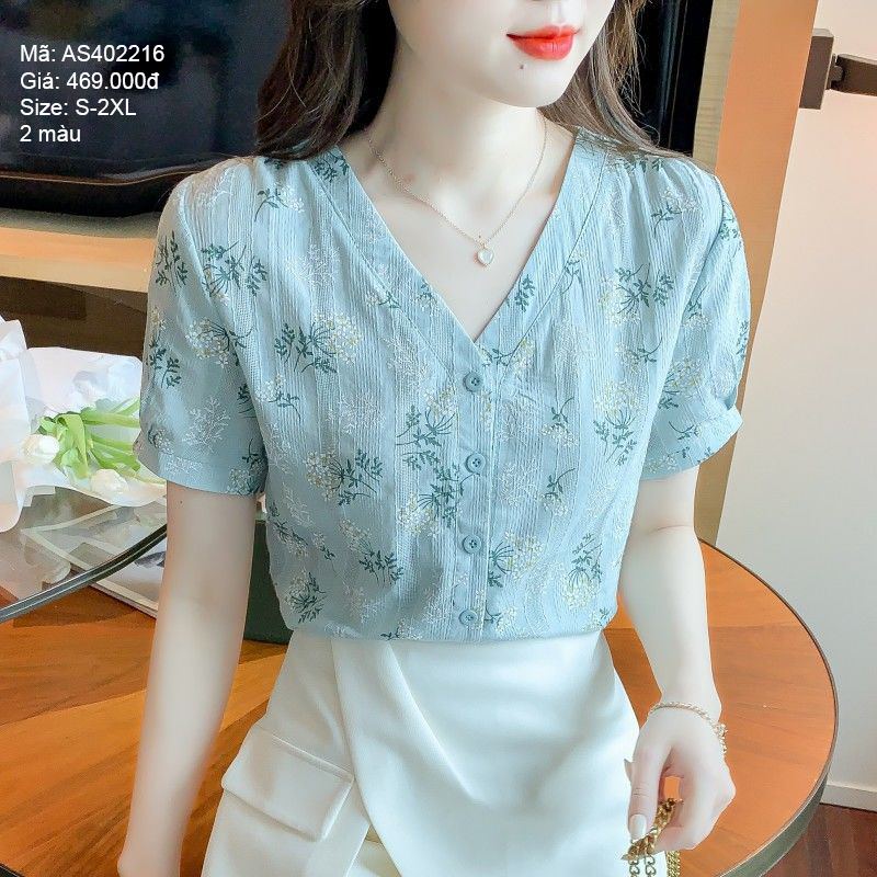 Áo sơ mi ngắn tay cổ V in hoa - AS402216