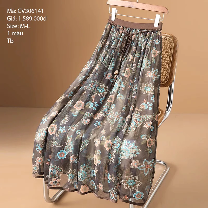 Chân váy tencel cao cấp họa tiết hoa lá - CV306141