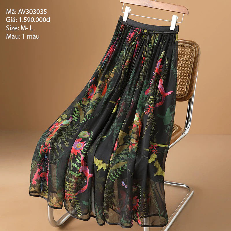 Chân váy tencel họa tiết hoa lá - CV303035